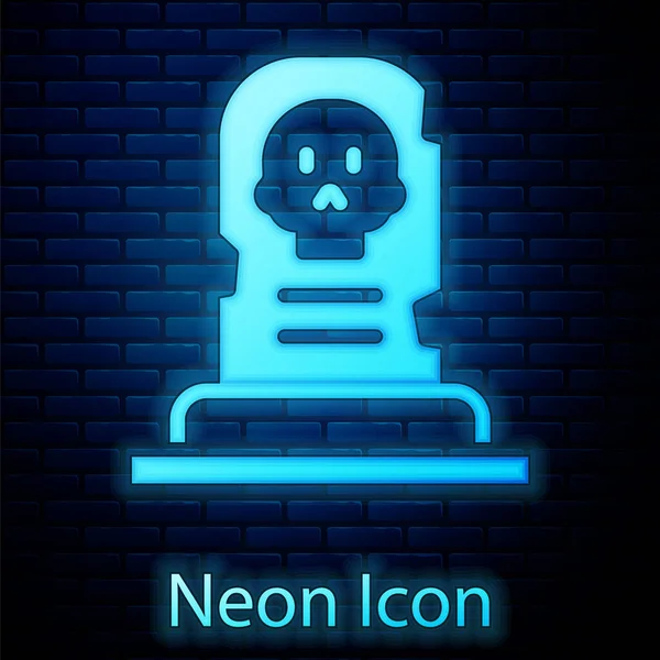 Leuchtende Neon Grab Mit Grabstein Symbol Isoliert Auf Backsteinmauer Hintergrund — Stockvektor