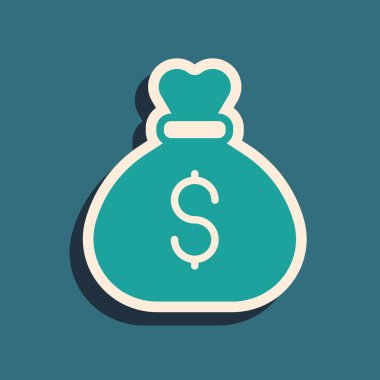 Yeşil Para Çantası simgesi yeşil arkaplanda izole edildi. Dolar ya da USD sembolü. Nakit bankacılık tabelası. Uzun gölge tarzı. Vektör.