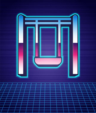 Çocuk için yaz oyunları için geçmişe dönük salıncak oyun alanı ikonu izole fütüristik manzara arka planı. Açık hava eğlence ekipmanları. 80 'lerin moda partisi. Vektör.