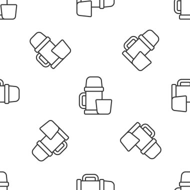 Gri çizgi termos kabı ve fincan ikonu beyaz arka planda izole edilmiş pürüzsüz desen. Termo matara ikonu. Kamp ve yürüyüş ekipmanları. Vektör İllüstrasyonu.