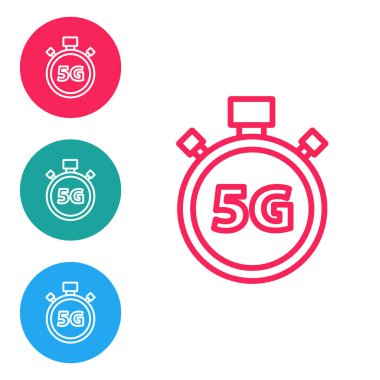 Beyaz zemin üzerinde 5G simgesi olan kırmızı çizgi dijital hız ölçer kavramı. Küresel ağ yüksek hızlı bağlantı veri oranı teknolojisi. Simgeleri daire düğmelerine ayır. Vektör.