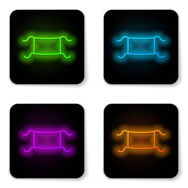 Parlayan neon hattı tıbbi koruyucu maske simgesi beyaz arka planda izole edildi. Siyah kare düğme. Vektör İllüstrasyonu.
