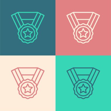 Pop Sanat Çizgisi Madalyası ikonu renk arkaplanında izole edildi. Kazanan sembol. Vektör.