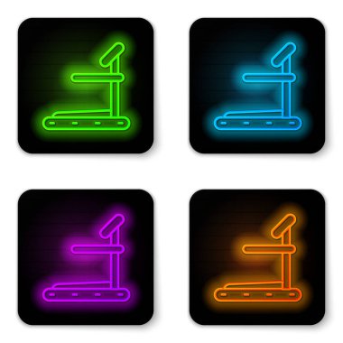 Parlayan neon hattı Koşu bandı makine simgesi beyaz arkaplanda izole edildi. Siyah kare düğme. Vektör.