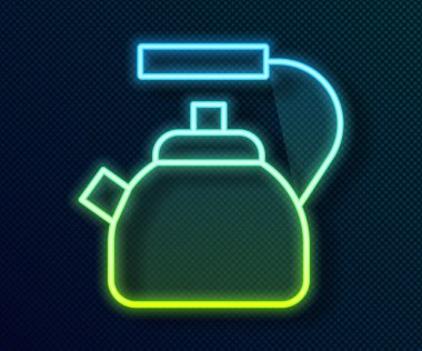 Siyah arka planda izole edilmiş kabza simgesi olan parlak neon çizgisi Kettle. Çaydanlık ikonu. Vektör.