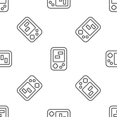 Gri çizgi taşınabilir tetris elektronik oyun ikonu beyaz arka planda izole edilmiş kusursuz desen. Klasik bir cep tuğlası oyunu. Etkileşimli oyun aygıtı. Vektör.