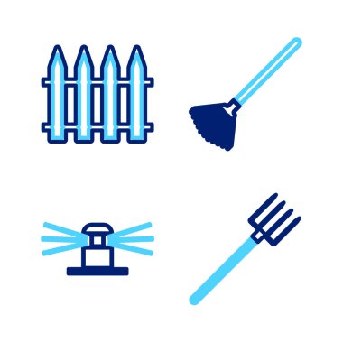 Bahçe yabası, otomatik sulama fıskiyeleri yaprakları ve çit simgesini yerleştir. Vektör.