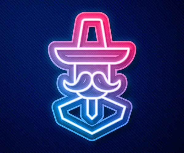 stock vector Glowing neon line Mexican man wearing sombrero icon isolated on blue background. Hispanic man with a mustache. Vector.