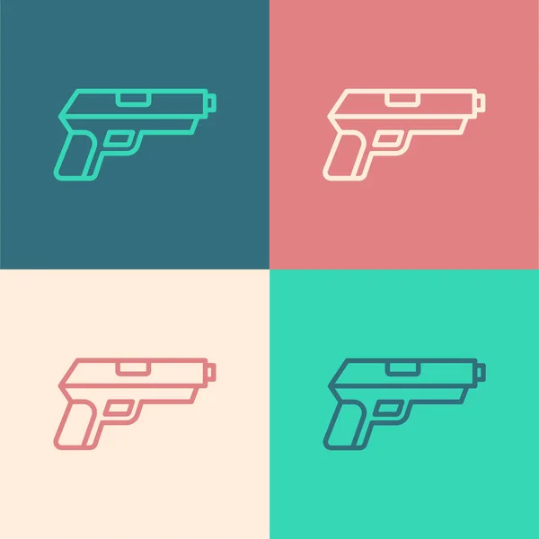 弹出的艺术线手枪或枪图标孤立的颜色背景 警察或军队的手枪 小火器 — 图库矢量图片