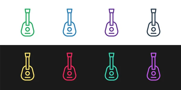 设置线条吉他图标孤立在黑白背景 声吉他 弦乐乐器 — 图库矢量图片