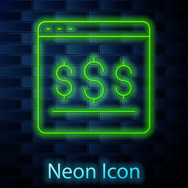 Glowing Neon Line Online Shopping Screen Icon Isolated Brick Wall — Stock Vector