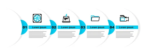 Stock vector Set line Cinema camera Folder Pudding custard and Computer cooler icon. Vector.