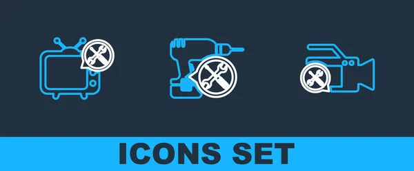 Set Line Video Camera Service Drill Machine Icon Vector — Stock Vector