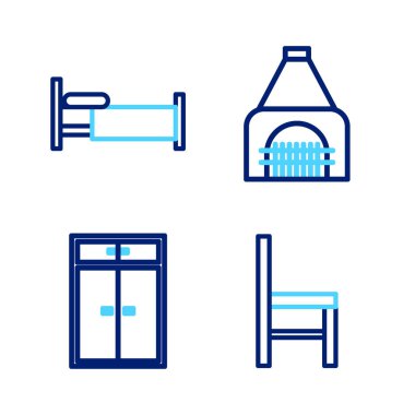 Sıralı Sandalye Dolabı 'nın iç şöminesi ve yatak ikonu. Vektör.