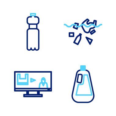 Bulaşık deterjanı için şişe hattı oluşturun. Gezegen ve su ikonunun plastik kirliliğini durdurun. Vektör.