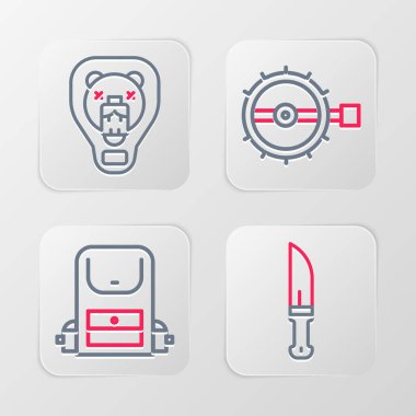 Avcı bıçağı, sırt çantası, tuzak avı ve ayı kellesini kalkan simgesine yerleştir. Vektör.