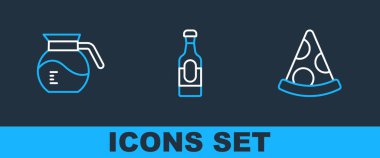 Pizza dilimleri, kahve demliği ve şarap şişesi ikonu. Vektör.