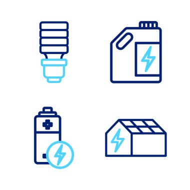 Güneş enerjisi paneli Battery Eco yakıt tüpü ve LED ampul ikonu ayarlayın. Vektör.