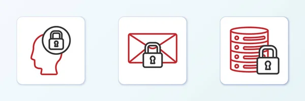 Set Line Server Security Lock Human Head Mail Message Password — Stock Vector