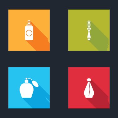 Spreyi, saç fırçasını, parfümü ve ikonu hazırla. Vektör.