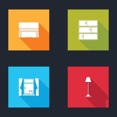 Büyük Piyano, Raff, Perdeli Pencere ve Yer Lambası ikonunu ayarla. Vektör.