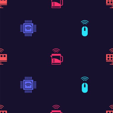 Kablosuz fare, mikrodevreli işlemci işlemci, akıllı elektrikli su ısıtıcısı ve TV sistemini kusursuz desene ayarlayın. Vektör.