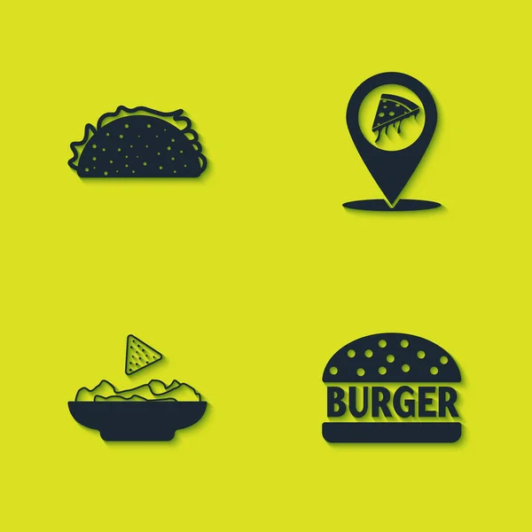 Set Taco Tortilla Burger Nachos Plate Location Slice Pizza Icon — Stock Vector