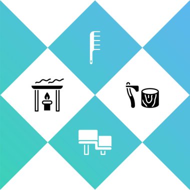 Aroma mumu, sauna ahşap bank, saç fırçası ve tahta baltayı kütük simgesine yerleştir. Vektör.