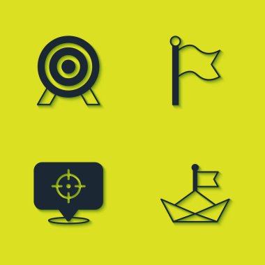 Hedef alın, katlanmış kağıt tekne ve bayrak simgesi. Vektör.