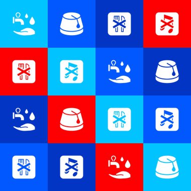 Wudhu 'yu ayarla, Türk şapkası, Ramazan orucu ve Meclis Başkanı dilsiz ikonu. Vektör.