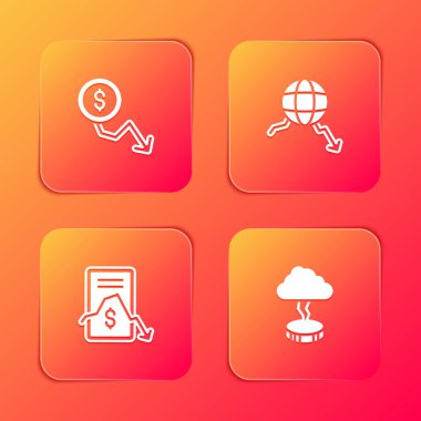 Dolar oranı düşüşü, küresel ekonomik kriz, mobil hisse senedi ticareti ve Storm simgesi belirle. Vektör.