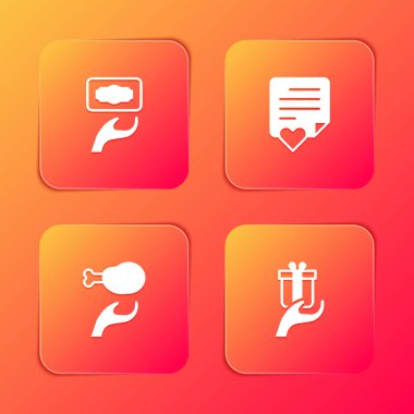 Bağışları ve hayırseverliği ayarlayın, Zarfı kalp, yiyecek ve hediye ikonu ile kaplayın. Vektör.