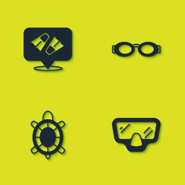 Flippers 'ı yüzmeye, dalış maskesine, Kaplumbağa ve Gözlük ikonuna ayarlayın. Vektör.