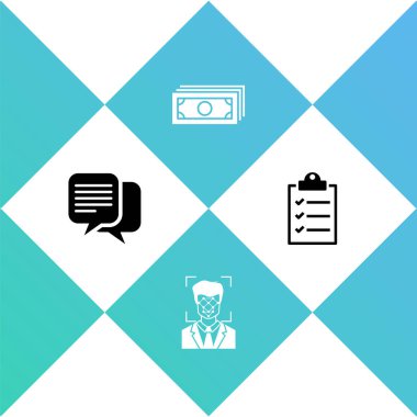 Sohbet, yüz tanıma, kağıt para yığını ve liste simgesi olan panoyu ayarla. Vektör.