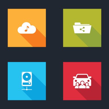 Müzik yayınlama servisini, Paylaşım dizinini, Hard disk sürücüsünü paylaşım ağı ve Otomobil simgesine ayarla. Vektör.