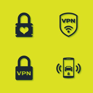 Asma kilidi kalp, akıllı araba alarm sistemi, VPN kilidi ve kablosuz ağ ikonu ile ayarla. Vektör.