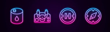 Fıçı yağı, uçak dümeni, helikopter iniş pisti ve pusula. Parlayan neon ikonu. Vektör.