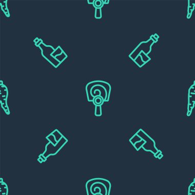 Kore el vantilatörü, Soju şişesi ve Ginseng kökünü pürüzsüz desene ayarlayın. Vektör.