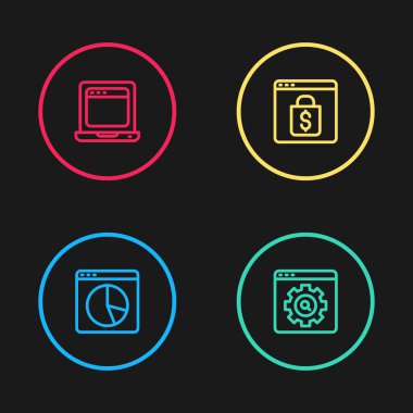 Çizgi grafiksel bilgi tarayıcı çevrimiçi alışverişini ekranda ve dizüstü bilgisayarı tarayıcı simgesi ile ayarlayın. Vektör.