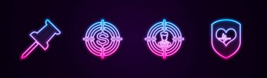 Pimi çek, doları hedefle kafa avla, kalkanı ve kalp atışını ayarla. Parlayan neon ikonu. Vektör.