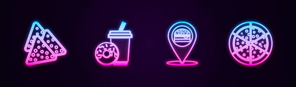 Hattı Belirle Nachos Donutlı Soda Lokasyon Burger Pizza Parlayan Neon — Stok Vektör