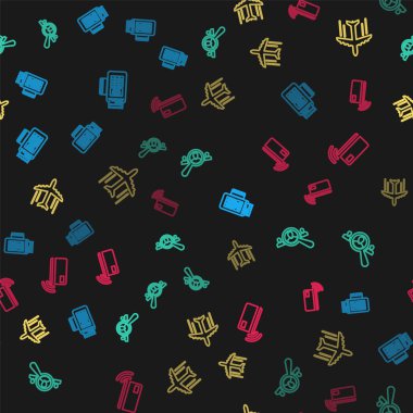 POS terminalini, arama görevlileri için büyüteç, kusursuz şablon için uçak ve temassız ödeme ayarlayın. Vektör.