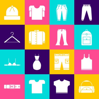 Spor çantası, kolsuz tişört, sırt çantası, pantolon, elbise dolabı, kış şapkası ve ikonu. Vektör