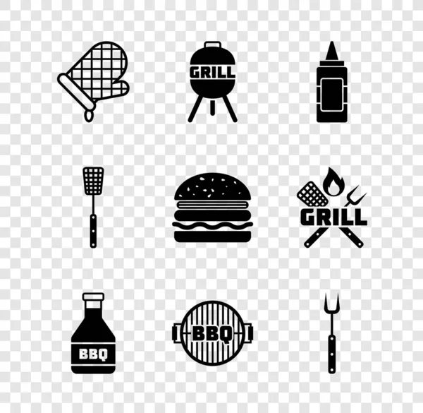 Set Ovenhandschoenen Barbecue Grill Mosterdfles Ketchup Vork Spatel Burger Icoon — Stockvector
