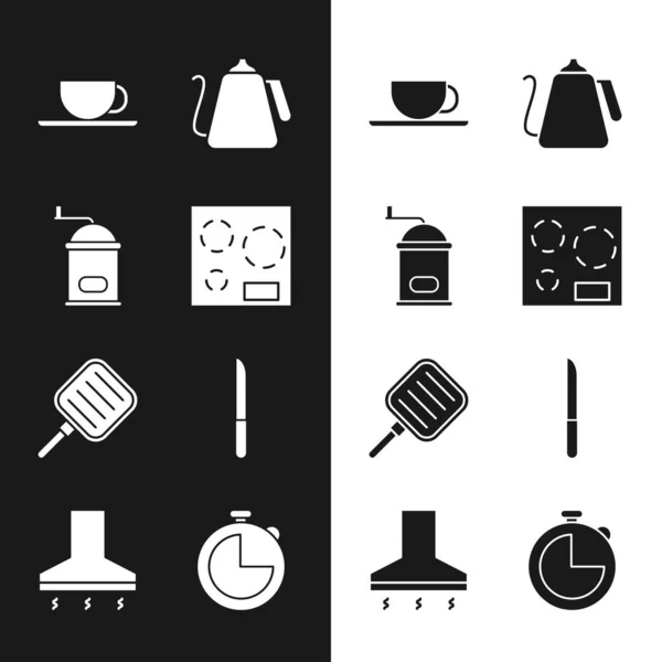 Set Elektroherd Kaffeemühle Kaffeetasse Wasserkocher Mit Griff Pfanne Messer Küchenzeituhr — Stockvektor