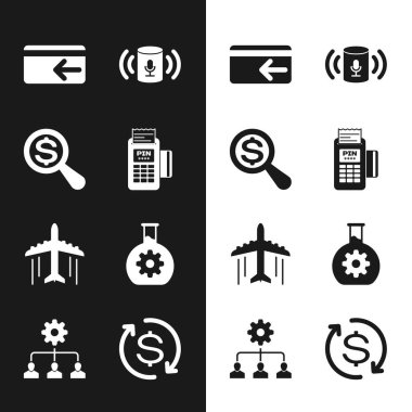 POS terminalini, büyüteç ve doları, nakit parayı, ses asistanını, uçak ve biyomühendislik ikonunu ayarla. Vektör