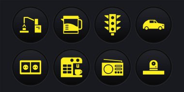 Elektrik prizi, araba, kahve makinesi, radyo, trafik ışığı, çaydanlık, güvenlik kamerası ve robot kol fabrikası ikonu. Vektör