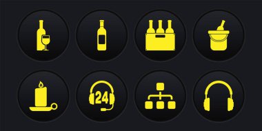 Mum yakma seti, bir şişe şarap kovası, destek için kulaklık, hiyerarşi organizasyon şeması, şişe kutusu ve ikon. Vektör