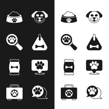 Köpek tasması, veteriner kliniği, evcil hayvan kasesi, hayvan çantası, konum veteriner hastanesi, pençe izi ve ilk yardım çantası ikonu. Vektör