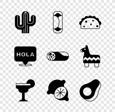 Kaktüs, Burrito, Taco, tortilla, Margarita kokteyli, limon, Avokado meyvesi, Hola ve ikon. Vektör